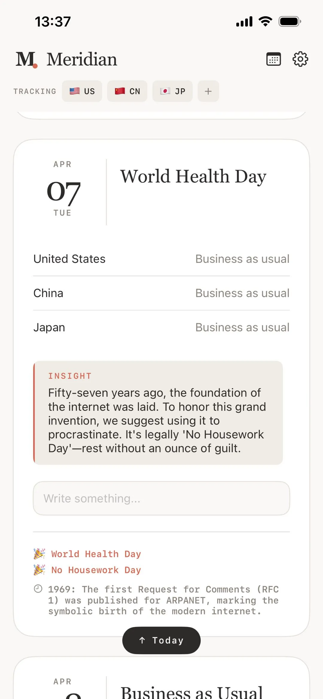 Meridian App daily feed showing multi-country holidays, cultural insights, and daily observances