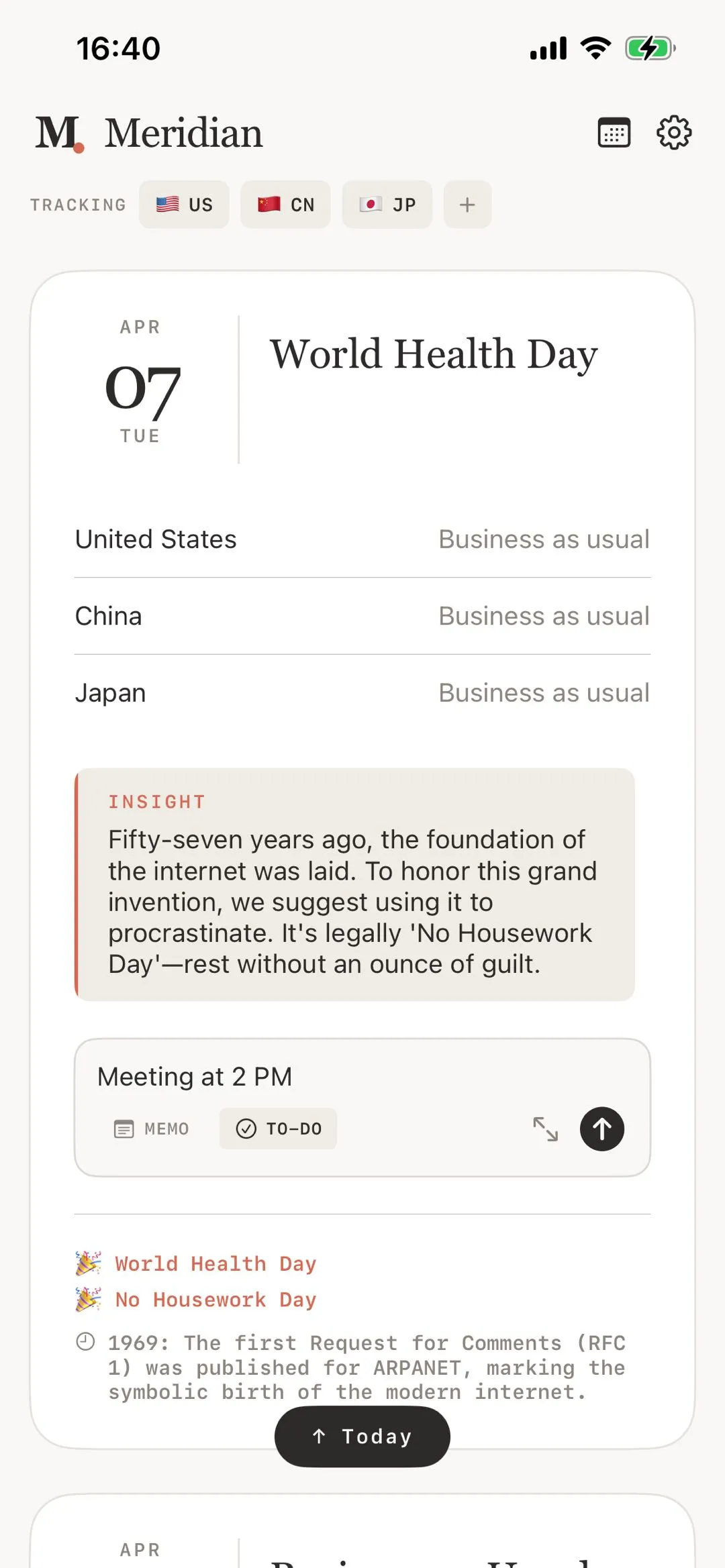Meridian App memos & to-dos interface