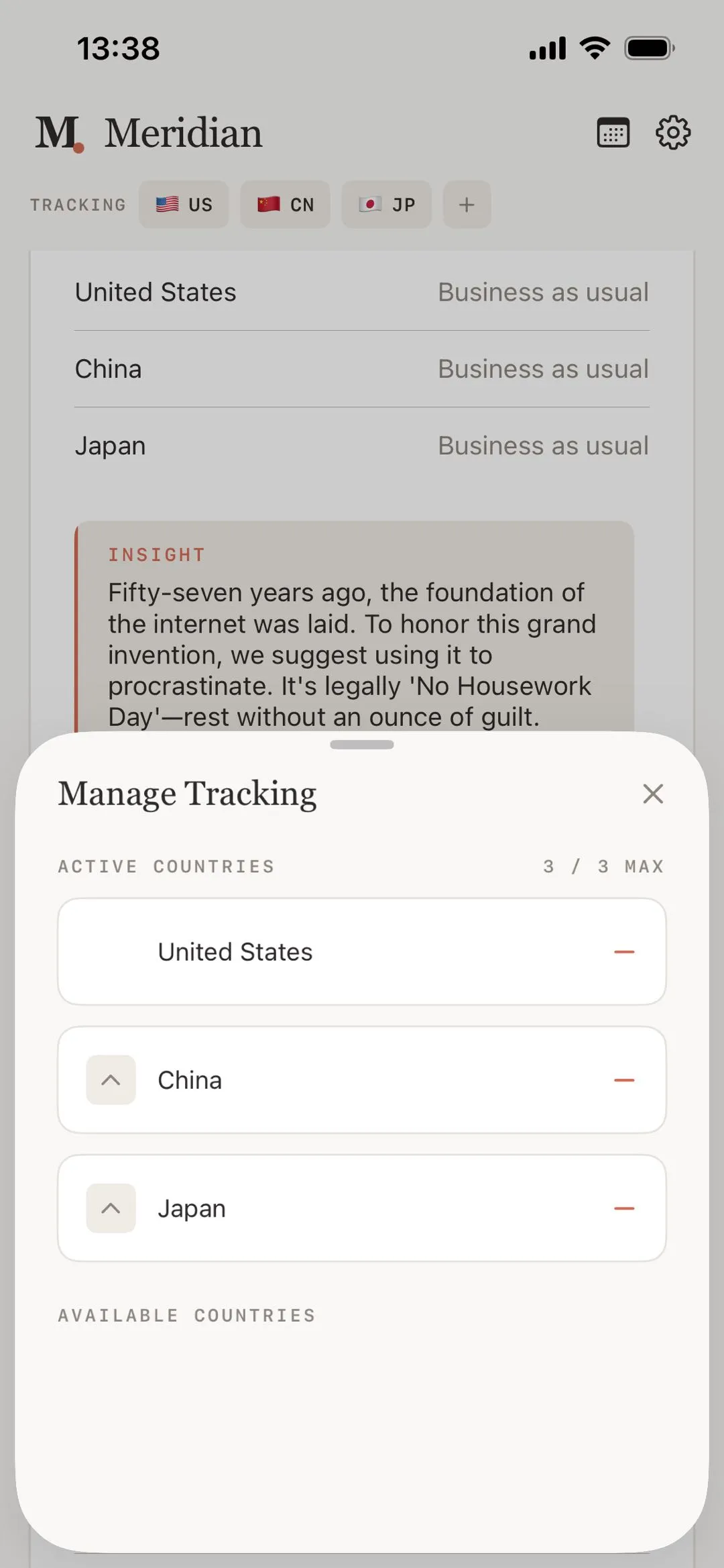 Meridian App country manager interface