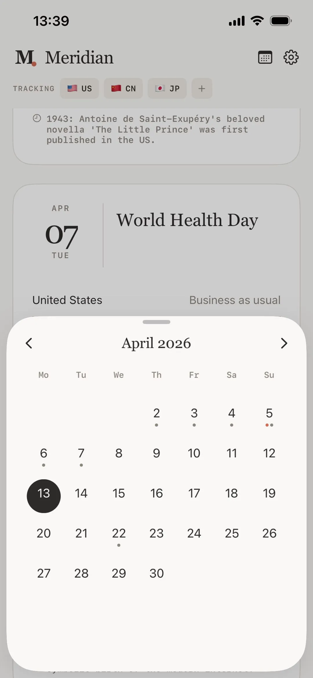 Meridian App grid drawer interface