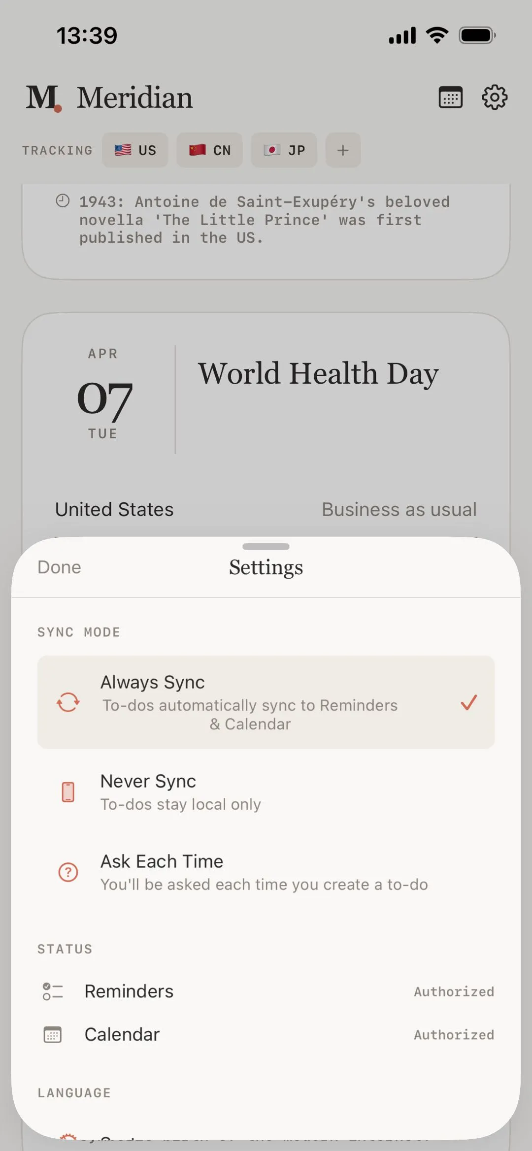 Meridian App private & synced interface